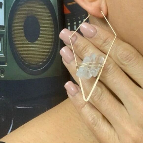 Crystal Quartz Stone Gold Geometric Triangle Hoop Statement Earrings - Picture 11 of 14